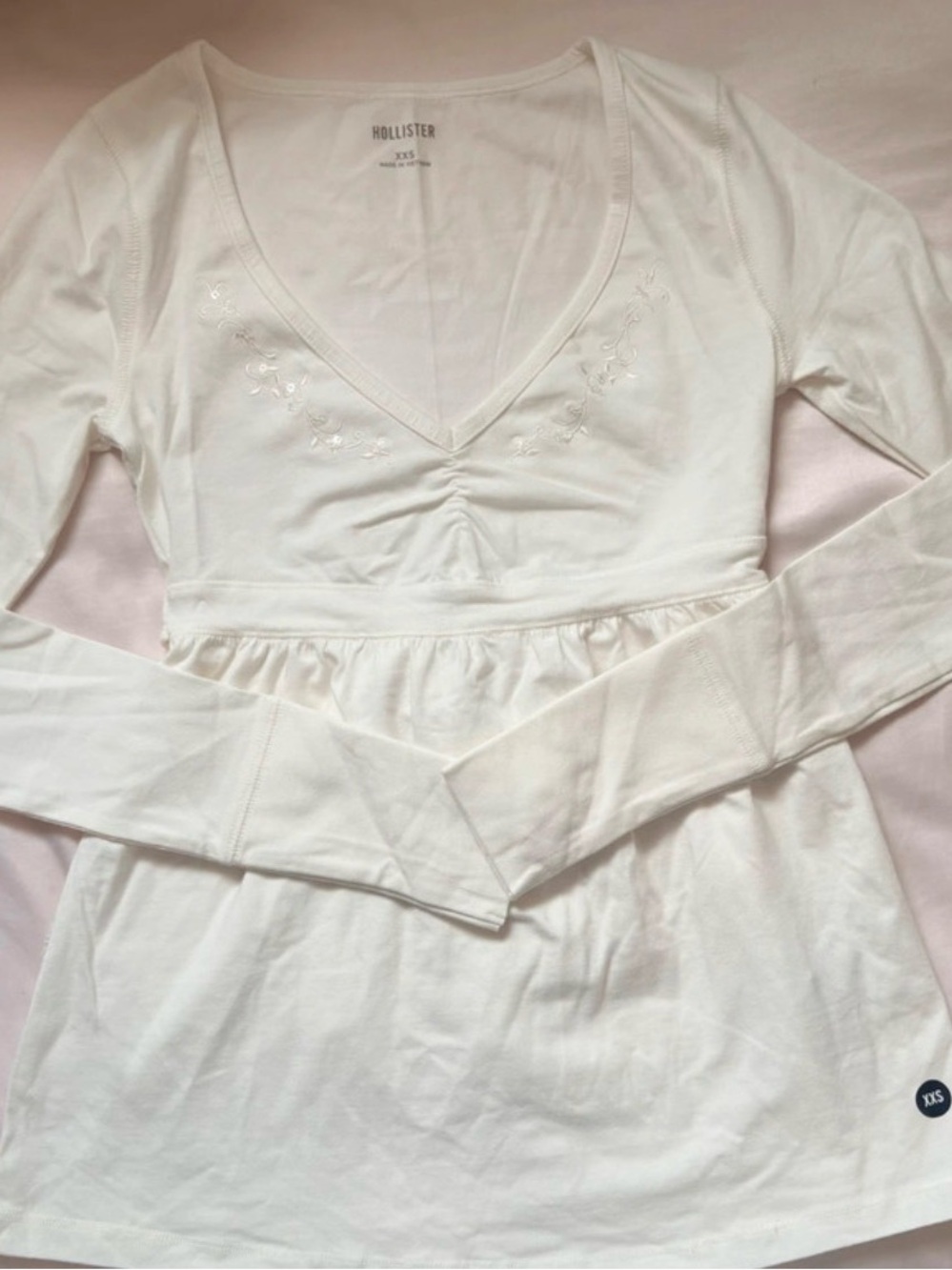 Hollister White Long-Sleeve V-Neck Empire Waist Top
